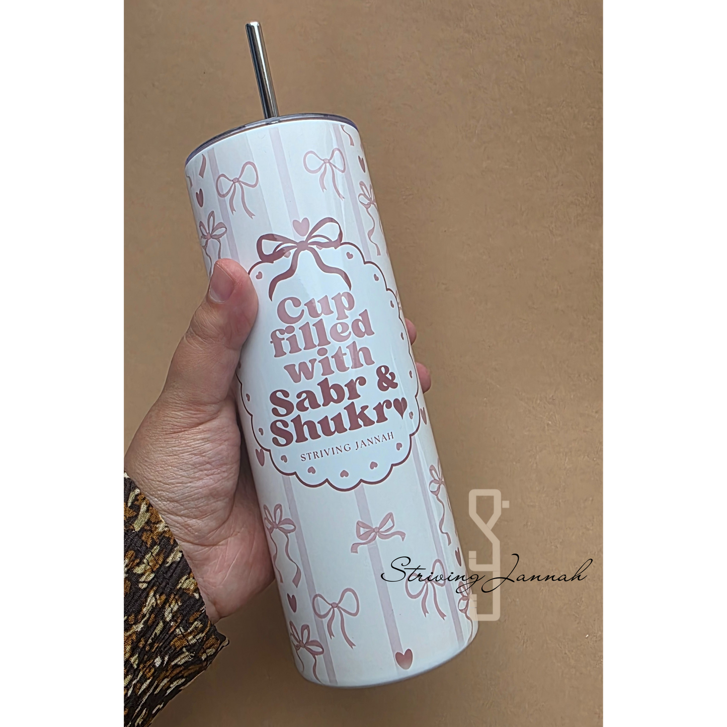 Islamitische tumbler: "Cup filled with Sabr & Shukr" met strikjes