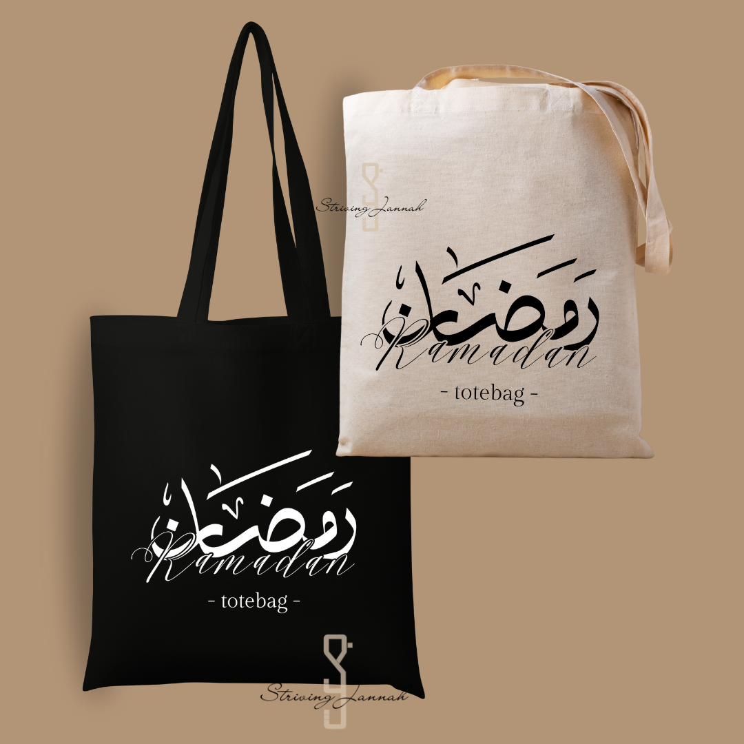 Striving Jannah's Ramadan totebag zwart naturel lange hengsel moslim islamitisch tas